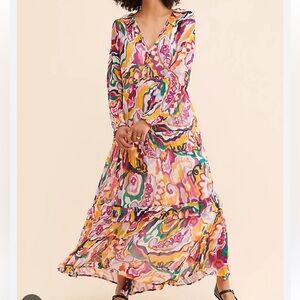 Anthropologie Marais‎ Chiffon Maxi Dress Tiered Romantic Abstract Art XL Nwt